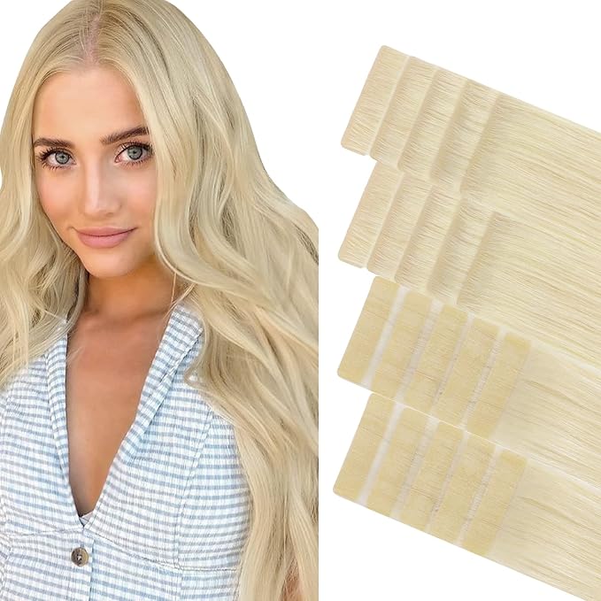 GOO GOO Invisi Edge Tape in Hair Extensions Human Hair, 60A Platinum Blonde 10pcs injected with 10pcs classical tape ins, 24inch 50g, Virgin Remy Hair, Natural Look