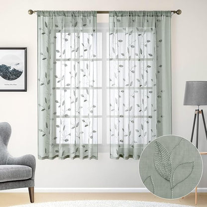 HOMEIDEAS Sage Green Sheer Curtains 52 X 63 Inches Length 2 Panels Embroidered - Image 2