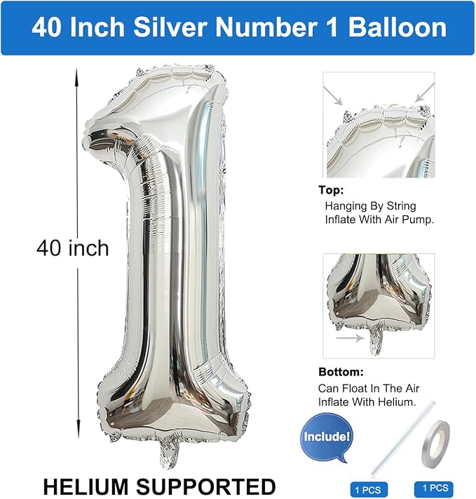 2Pcs Silver Foil 40" Number 1 and 26" Script Letter One Balloon Set | Large - Image 2