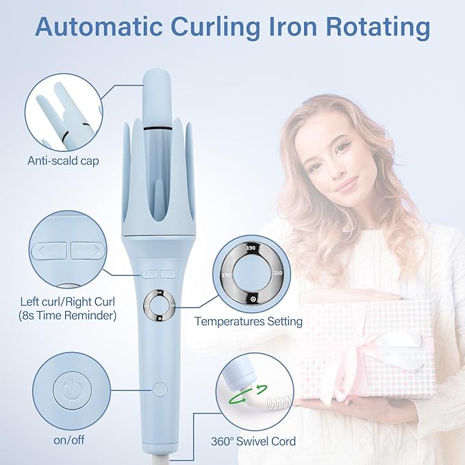 JAMIEWIN Automatic Hair Curler, 28mm Rotating Curling Iron with 3 Temperatures, Fast Heating Curling Tongs Anti-Scald, Anti-Tangle Curling Wand with Negative Ions for Medium Long Hair Blue