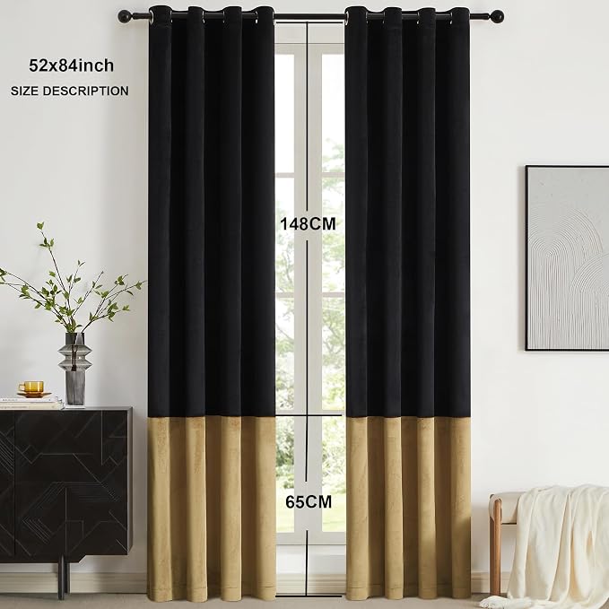 Black Gold Velvet Blackout Curtains Luxury Decor 84 inches, Color Block | - Image 6