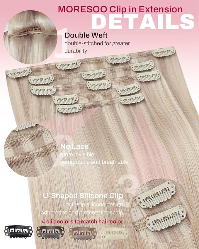 Moresoo Clip in Hair Extensions Real Human Hair Double Weft Human Hair Clip in Extensions Straight Ash Blonde Highlighted with Blonde 5pcs 80g 18inch