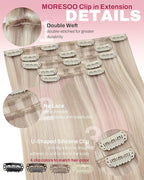Moresoo Clip in Hair Extensions Real Human Hair Double Weft Human Hair Clip in Extensions Straight Ash Blonde Highlighted with Blonde 5pcs 80g 18inch