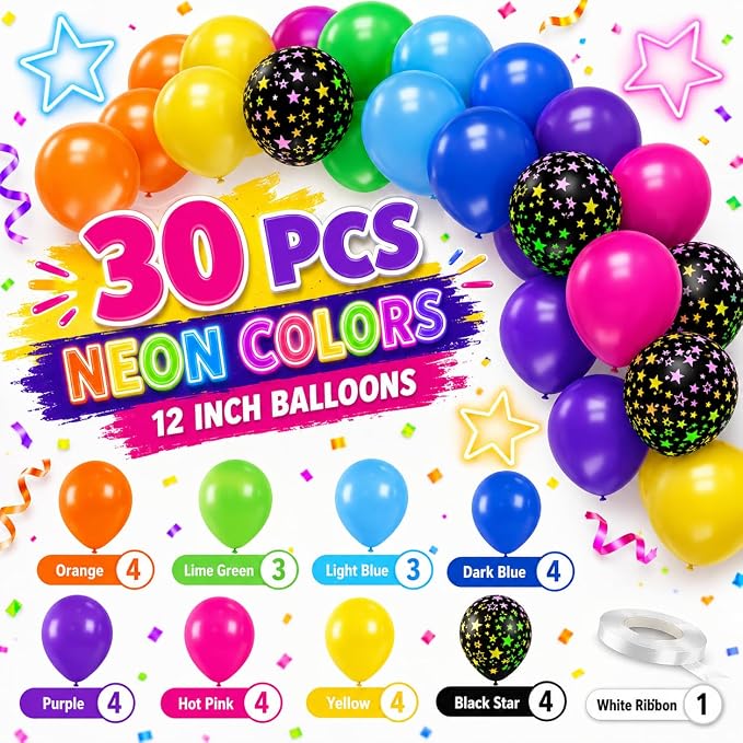 Neon Balloons, 80s 90s Balloons 12 Inch Yellow Orange Hot Pink Purple Lime - Image 2