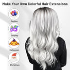 16 Pcs Colored Hair Extensions Curly Wavy Clip in Synthetic Hairpiece Streak for Girls Women Kids, Multi-colors Party Highlights Cosplay Festival Gift(White)