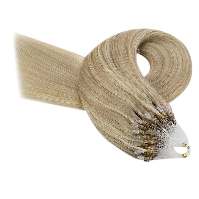 YoungSee Micro Loop Hair Extensions Real Human Hair Blonde Micro Link Hair Extensions Golden Blonde Highlights Beaded Hair Extension 16In 50g 50s Straight Hair Cold Fusion Hair Extension