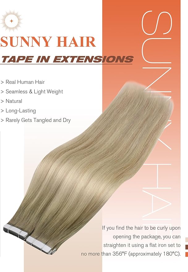 Sunny Hair Tape in Hair Extensions Real Human Hair Invisible Remy Hair Extensions Tape ins for Women Ash Blonde Root to Platinum Blonde Balayage 12 inch 20Pcs