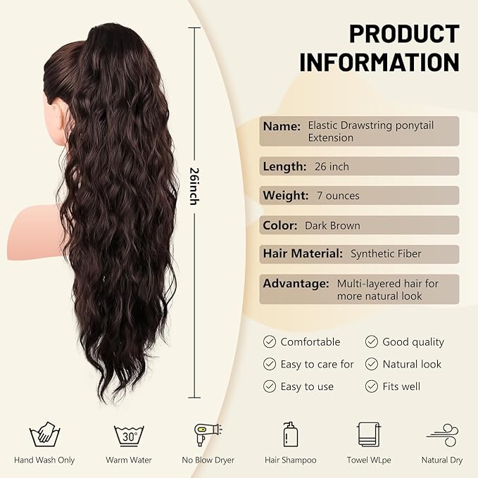 LEEONS 26 inch Drawstring ponytail Extension, Long Wavy pony tails hair extensions for Women - Synthetic Hairpiece Ponytail for Daily Use (Dark Brown)