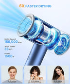 Hair Dryer, 150000 RPM Lightweight High Speed Ionic Blow Dryer for Fast Drying, 500 Million Negative Ions Care & Heat-Control Hairdryer with Magnetic Diffuser & Nozzle, 5 Temps & 3 Speeds