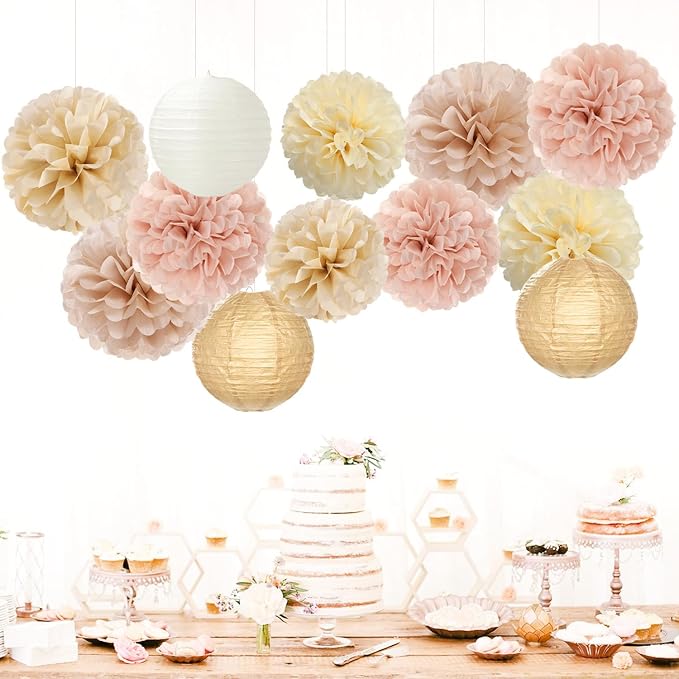 Champagne-Gold White Party-Decorations Paper-Flowers Lanterns - Image 3