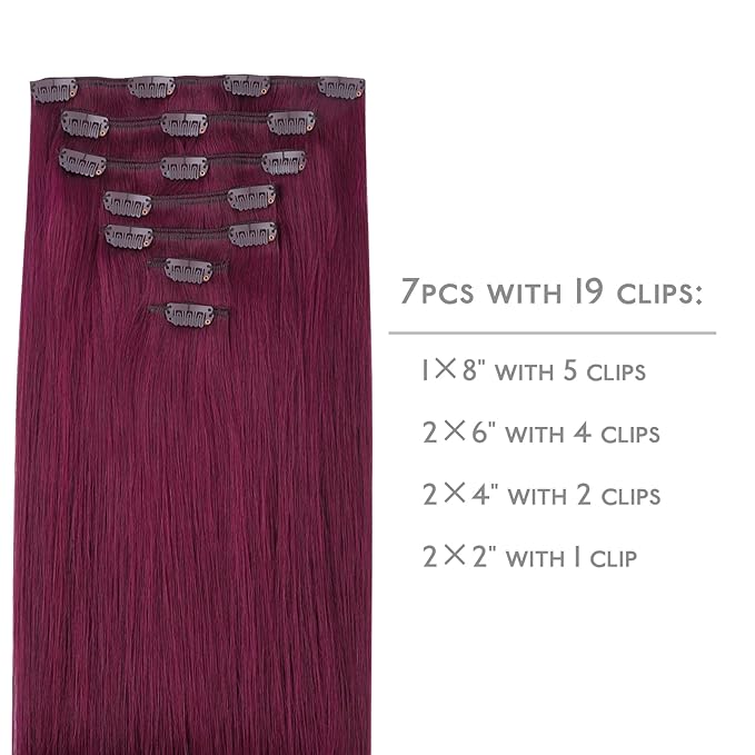 WENNALIFE Clip in Hair Extensions Real Human Hair, 14 Inch 120g 7pcs Human Hair Extensions Clip In Human Hair, Light Burgundy Hair Extensions Clip In Real Hair Coloured Remy Human Hair Extensions