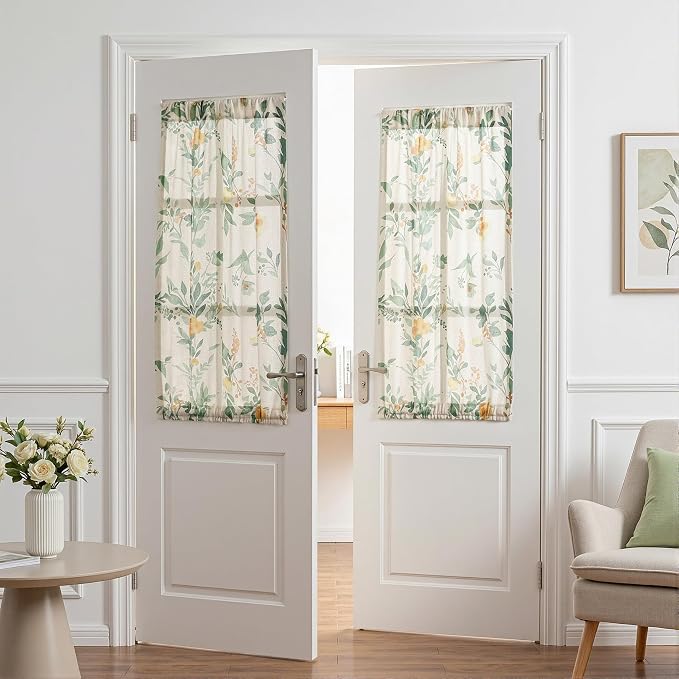 MYSKY HOME Floral Linen Door Curtains Green Farmhouse Privacy Door Window - Image 3