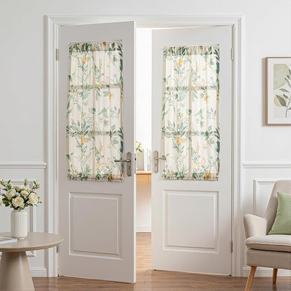 MYSKY HOME Floral Linen Door Curtains Green Farmhouse Privacy Door Window - Image 3