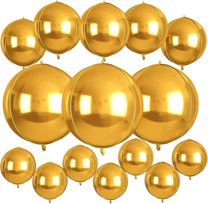 15 Pcs Gold Round Foil Balloons, 22/15/10 Inch 4D Ball Balloons Metallic Gold by Sowide