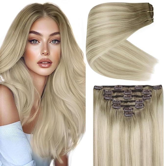 Ve Sunny Clip in Hair Extensions Balayage Remy Human Hair Clip in Extensions Full Head Ash Grey Ombre Platinum Blonde Straight Real Hair Extensions for Women 7pcs 120g 16 inch