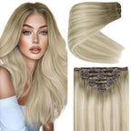 Ve Sunny 24 inch Clip in Hair Extensions Ash Grey Balayage Platinum Blonde Human Hair Clip in Extensions Straight Ombre Full Head Hair Remy Human Hair 7pcs 120g