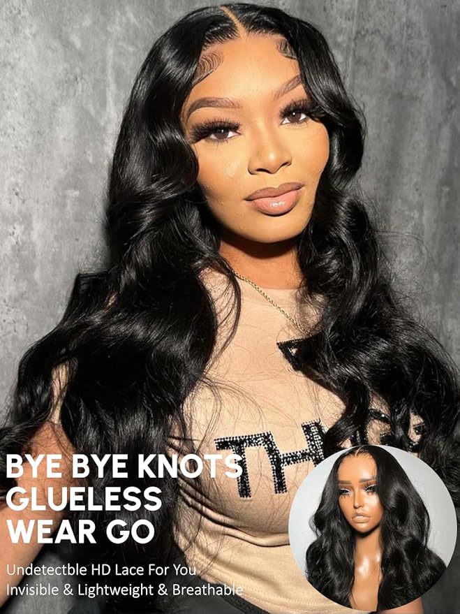 KLAIYI Body Wave Bye Bye Knots Glueless Wig 7x5 Pre Cut Lace Front Wigs Human Hair Wear and Go Wigs for Beginners Pre Bleached Pre Plucked Pre Everything 3S Easy to Ready to Wear Loose Wave Wig 14Inch