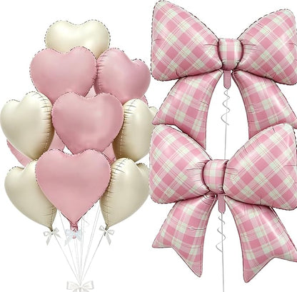 Vuzvuv Whiite Pink Gingham Bow Heart Balloons Set, Bridal Shower（Mix Colors） by Vuzvuv