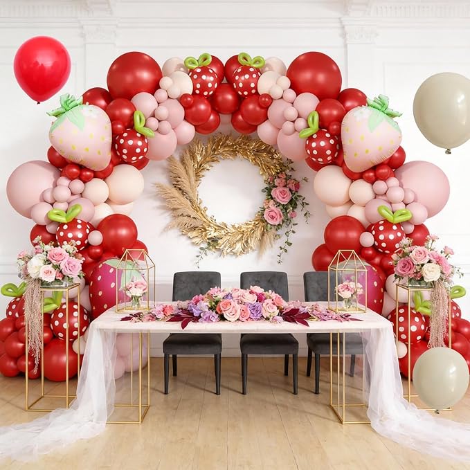 Strawberry Balloon Arch Kit, Pastel Pink Cream Party Balloons - Image 3