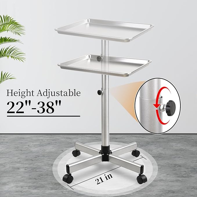 Salon Tray on Wheels, Rolling Tattoo Tray, Adjustable Hair Stylist Tray, Metal Mayo Stand Tray, Salon Color Tray Use As Medical Tray, No-Rusting