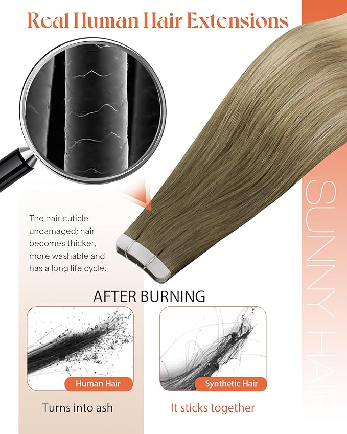 Sunny Hair Tape in Hair Extensions Real Human Hair Invisible Remy Hair Extensions Tape ins for Women Light Brown Root to Platinum Blonde Balayage 16 inch 20Pcs 50G