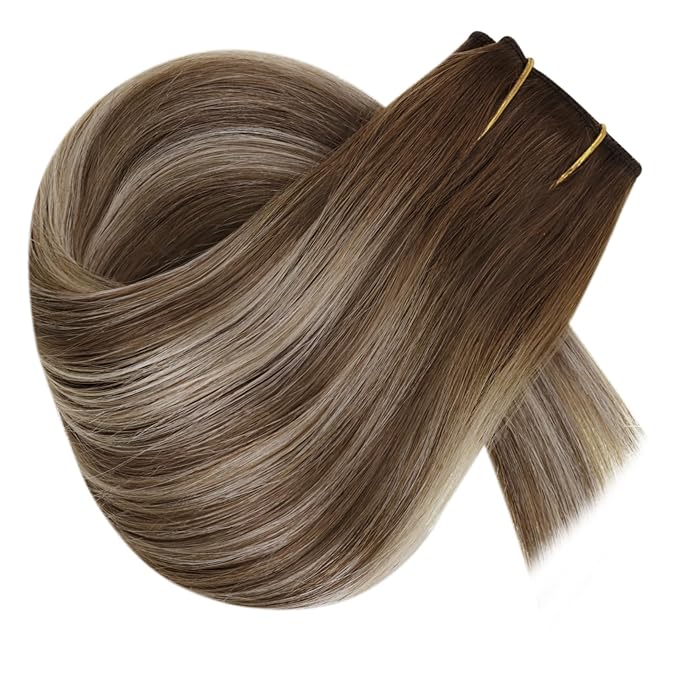 RUNATURE Invisible Wire Hair Extensions Real Human Hair Brown Balayage, 16 Inch 80g One Piece，Soft Natural Looking for Dating, Easy to Install #3/8/22 Walnut Brown to Light Brown with Blonde