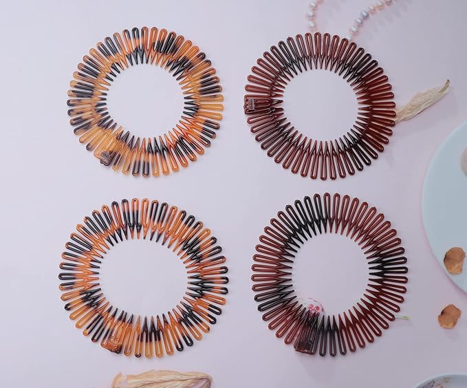 Sowaka 4 Pcs Circular Stretch Comb Plastic Black Brown Circle Spring Headband Flexible Hair Wrap Holder Hair Comb for Women Girls Outgoing Sports Hair Accessories (Round-leopard)