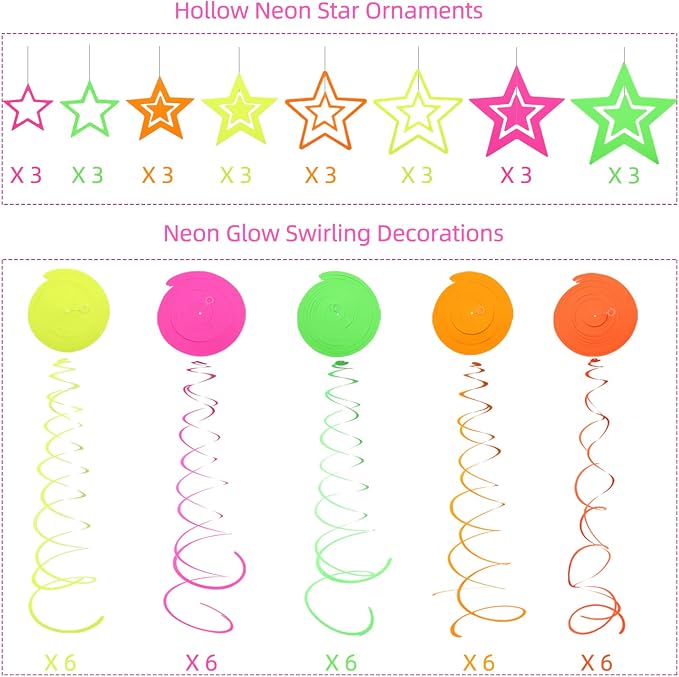 54 Pieces UV Hanging Swirl Paper Neon Star Garlands Streamers Black Light Glow - Image 3