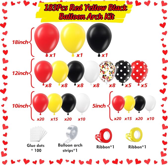 Red Yellow Black Balloons Arch Kit 171pcs, Cartoon Mouse Theme Different Size - Image 2
