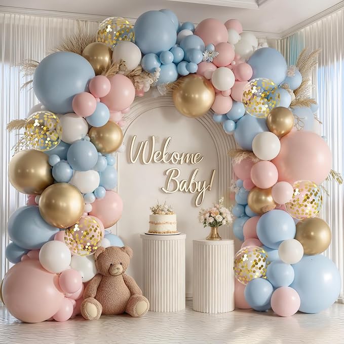 Gender Reveal Dusty Pink Blue Balloon Arch Kit 129 PCs | Teddy Bear Theme Boho by Vanjehou
