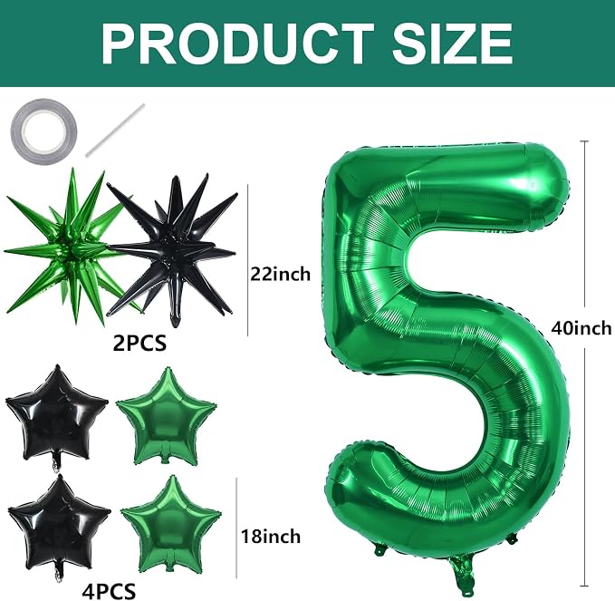 TONIFUL 5th Birthday Balloons Kit 40 Inch Dark Green Large Number 5 Balloon | - Image 2