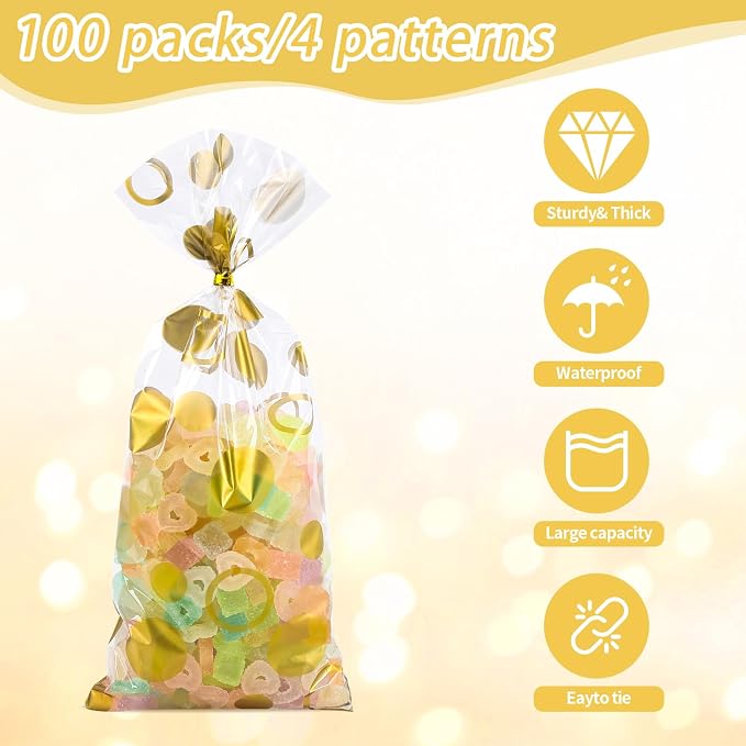 COQOFA 100 Pcs Gold 5"X11" Gift Wrap Cellophane Treat Bags Clear Party Favor - Image 3