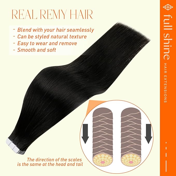 Full Shine Invisible Tape in Hair Extensions Human Hair 12Inch Skin Weft Human Hair Extensions Color 1B Black Natural Straight Remy 20Pcs 30G Double Sided Tape in Extensions Tape ins Soft Add Volume
