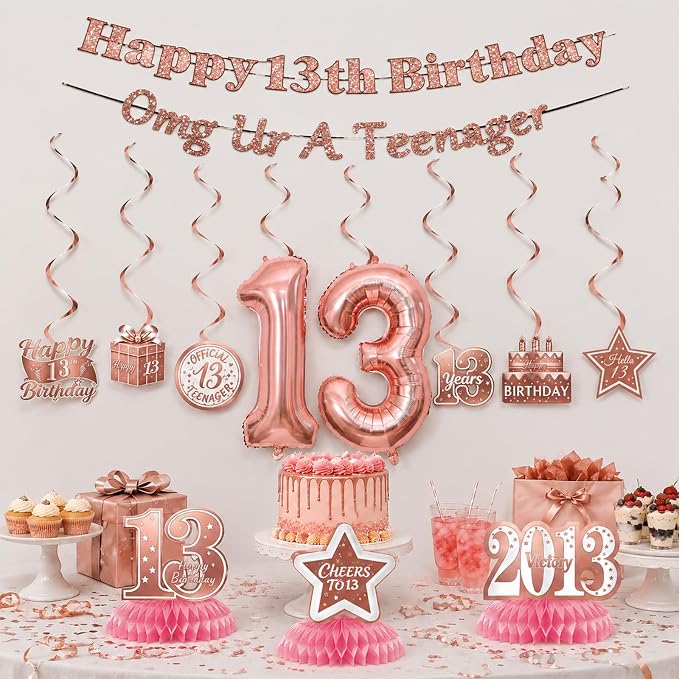 13th Birthday Decorations For Girls, Pre-Strung Rose Gold Happy 13th Birthday & - Image 2