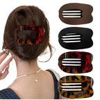 Women Flat Hair Clips,4-Pack French Large Matte Non-Slip Claw Hair Clips for Thick or Thin Hair (Red leopard print,Yellow leopard print,Black,Matte Dark Brown)