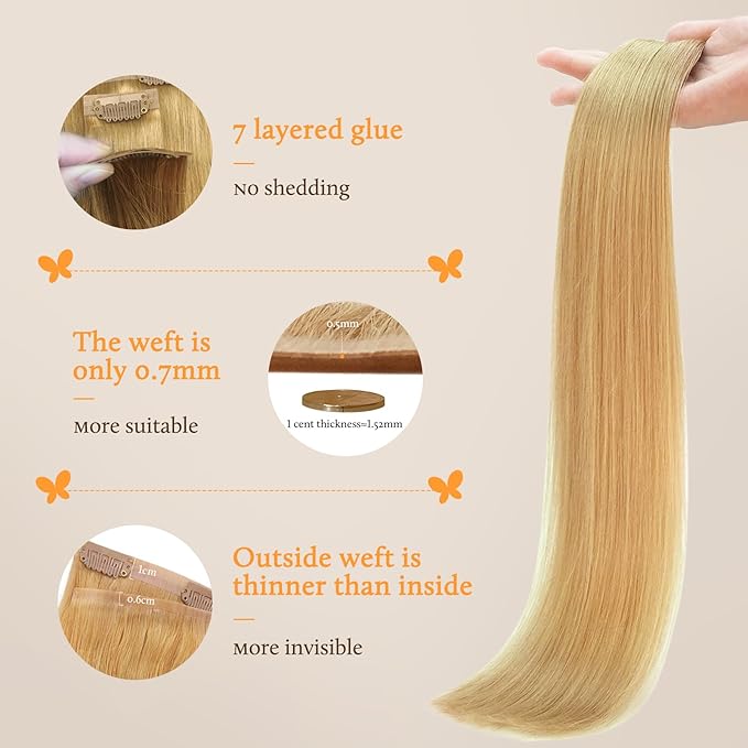 DOORES Seamless Clip in Hair Extensions, Honey Blonde 110g 7pcs 14 Inch, Thick Clip in Human Hair Extensions Straight Trick Seamless Invisi Edge Weft