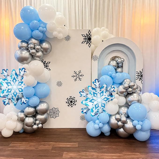 Snowflake Balloons, 12 Inch Metallic Blue Silver White Snowflake Print Confetti - Image 7