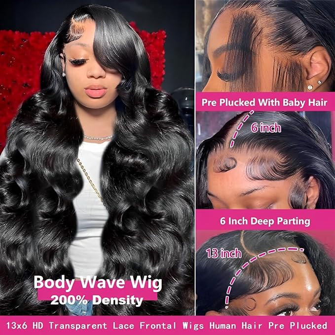 26 Inch 13x6 Lace Front Wigs Human Hair 200 Density Body Wave HD Lace Front Wigs Human Hair Pre Plucked Natural Color Glueless Wig 100% Virgin Human Hair Lace Front Wigs for Women