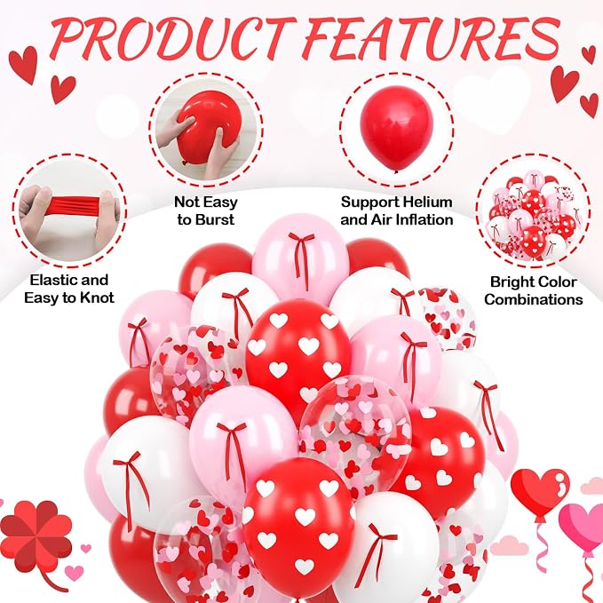 60 Pcs Pink and Red Balloons, 12 Inch Red Heart Printed Latex Balloon, Pastel - Image 3