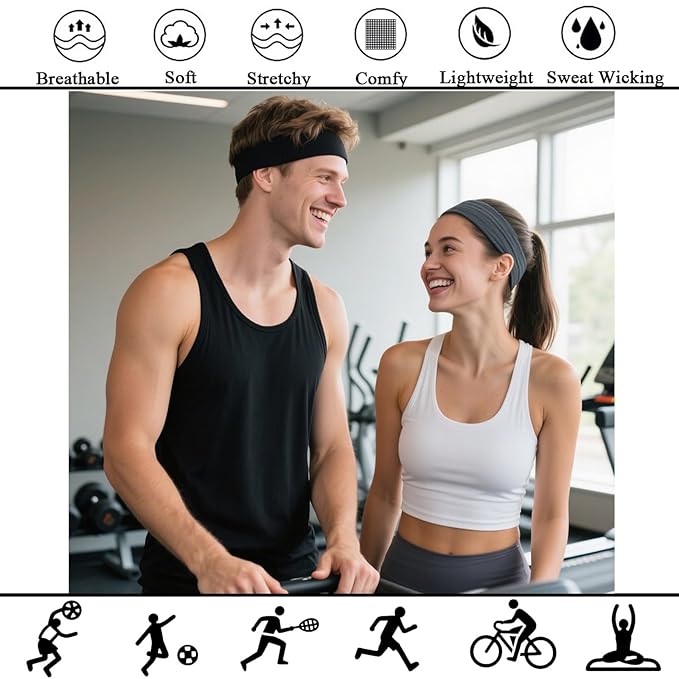 9PCS Headbands for Women and Men Stretchy Headband Soft Hair Band Fashion Head Bands for Women's Hair Workout Yoga Running Unisex Accessories Black White Gray