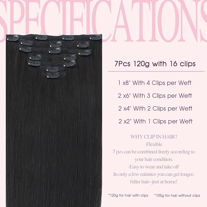 PINKPEARL Clip in Human Hair Extensions #1B Natural Black Clip in Hair Extensions Real Human Hair 14 inch Remy Hair 120g 7pcs Straight Natural Human Hair Clip ins(#1B-14)