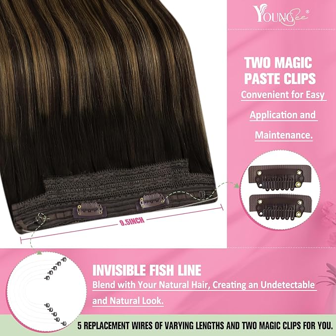 YoungSee Human Hair Wire Extensions Balayage Wire Hair Extensions Real Human Hair Balayage Darkest Brown to Medium Brown Straight One Piece Hair Extensions 18In 80G