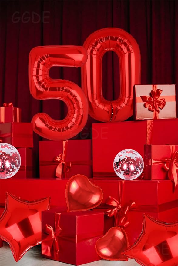 40 Inch 50 Red Number Balloons Mylar 50th Birthday Party Decor 10Pcs | Foil - Image 6