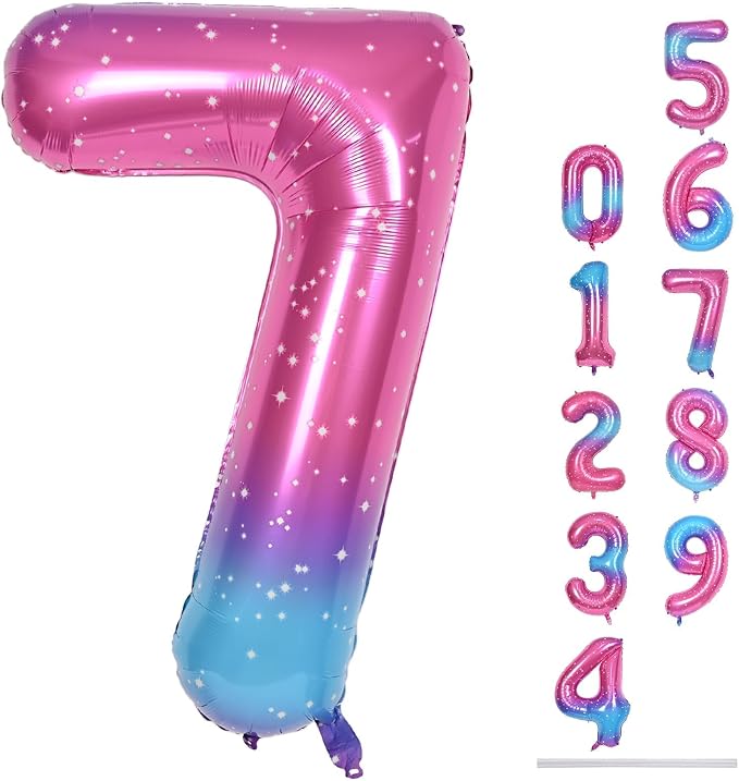 40'' Rainbow Number 7 Balloons, Giant Self Inflating Gradient Blue Pink Foil by Lingqiang