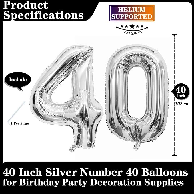 Silver 40 Number Balloons, 40 Inch Giant Number 40 Balloons Foil Mylar Helium - Image 2