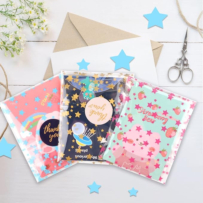 COQOFA 100 Pcs Star Printed Sealable Gift Wrap Cello Cellophane Bags Self - Image 7