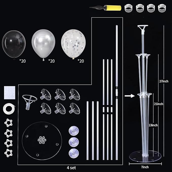 Black and Silver Balloons Table Centerpieces Stand Kit - Image 3