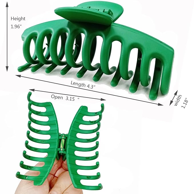 Solid Green Large Hair Claw Clips for Thick/Fine/Thin Hair,Strong holding teeth interlocking Women Jaw Clips for Hair 3 Count In set green hair clips for patrick's day (Green)