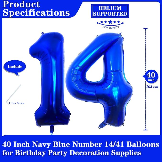 Navy Blue 14 Number Balloons, 40 Inch Giant Number 14 Balloons Foil Mylar - Image 2