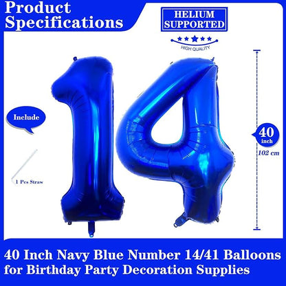 Navy Blue 14 Number Balloons, 40 Inch Giant Number 14 Balloons Foil Mylar - Image 2